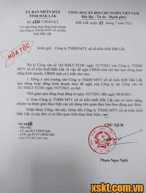 XSKT Đắk Lắk thông báo tạm dừng hoạt động xổ số từ 26/07/2021