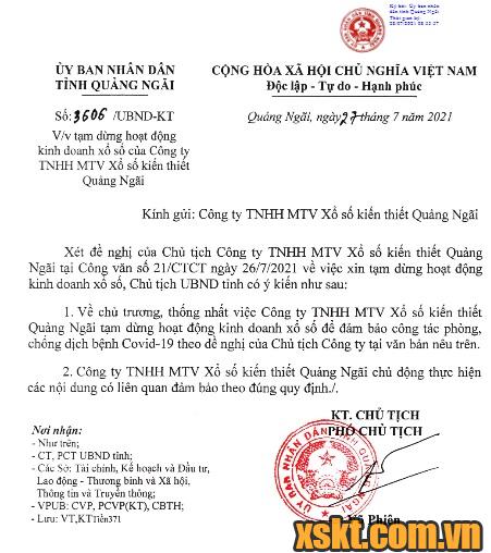 XSKT Quảng Ngãi tạm dừng hoạt động từ 27/07/2021