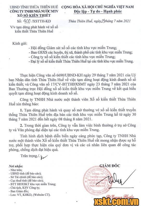 XSKT Thừa Thiên Huế tạm dừng hoạt động từ 30/07/2021 đến hết ngày 08/08/2021