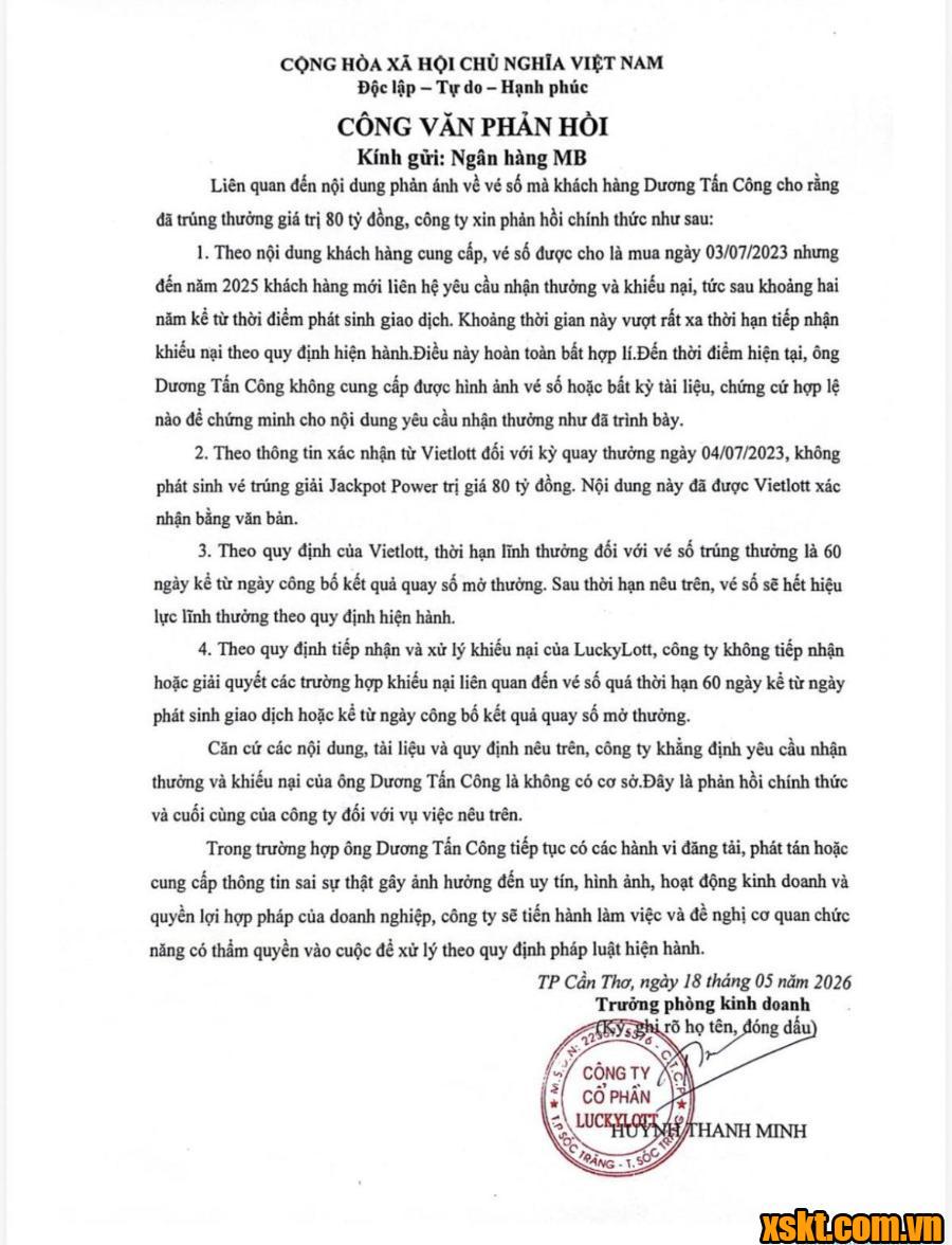 Văn bản phản hồi của LUCKYLOT