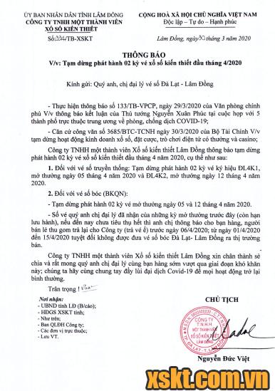 Công ty XSKT Lâm Đồng thông báo tạm dừng phát hành xổ số từ 01/04-15/04