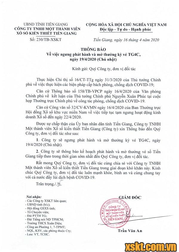 Tiền Giang thông báo dừng phát hành xổ số ngày 19/04