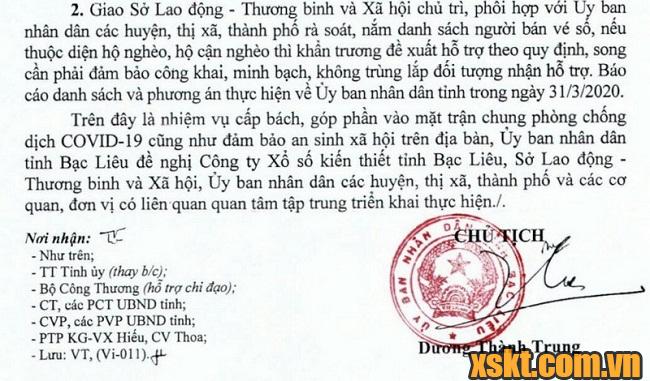 Công văn UBND tỉnh Bạc Liêu đề nghị hỗ trợ khó khăn cho người bán vé