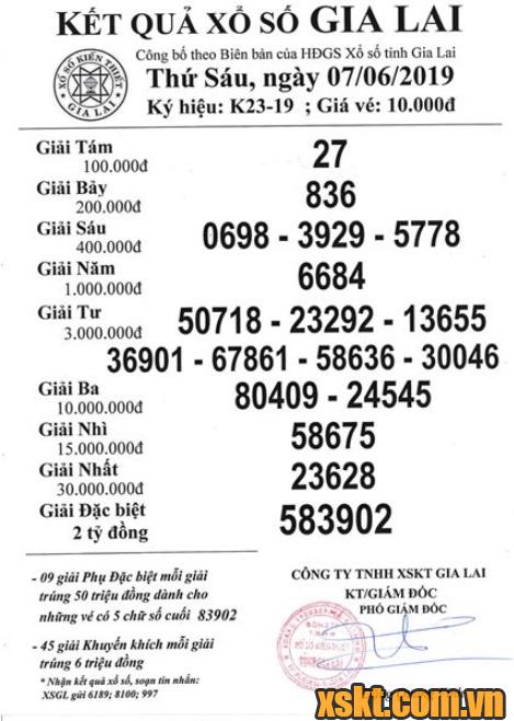 XSGL ngày 7/6/2019