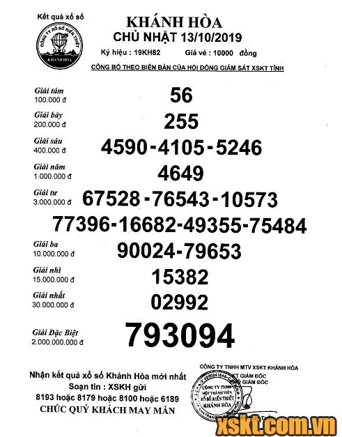 XSKH ngày 13/10/2019