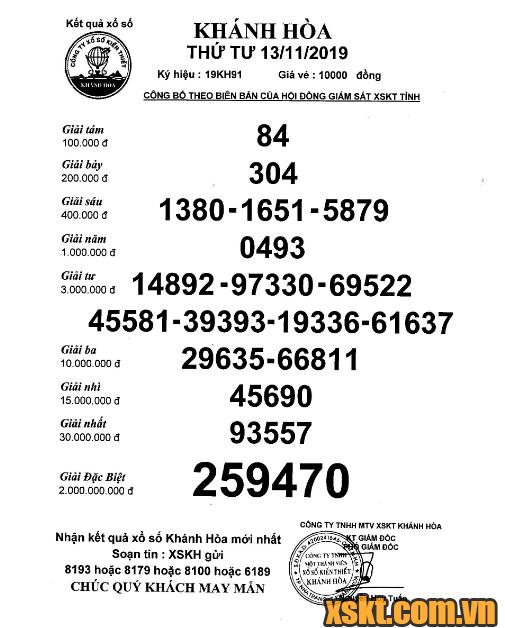 XSKH ngày 13/11/2019