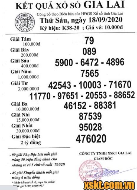 XSGL ngày 18/9/2020
