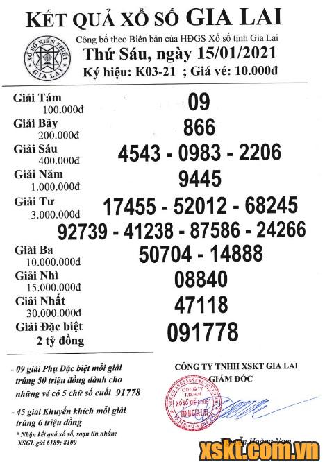 XSGL ngày 15/1/2021