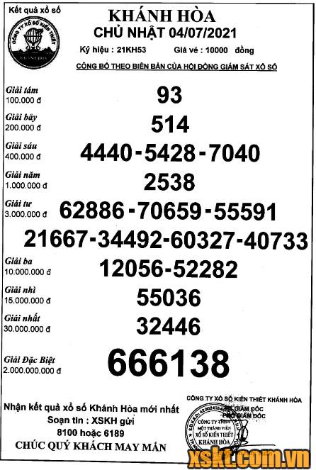 XSKH ngày 4/7/2021