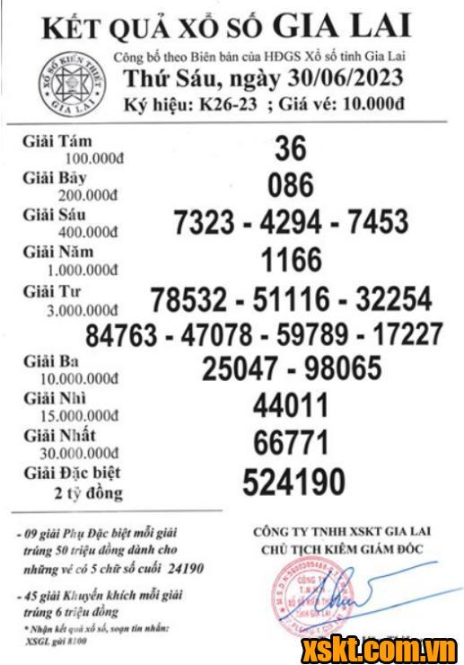 XSGL ngày 30/6/2023