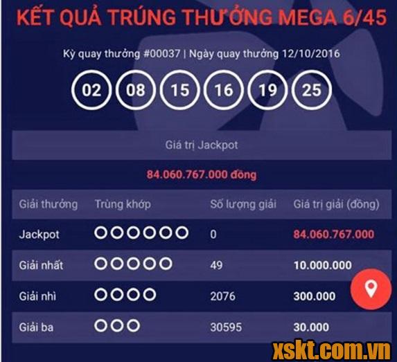 Thồng kê kết quả trúng thưởng Mega 6/45 của ngày 12/10/2016