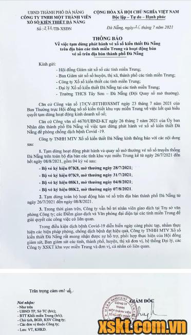 XSKT Đà Nẵng thông báo tạm dừng hoạt động xổ số từ 26/07/2021