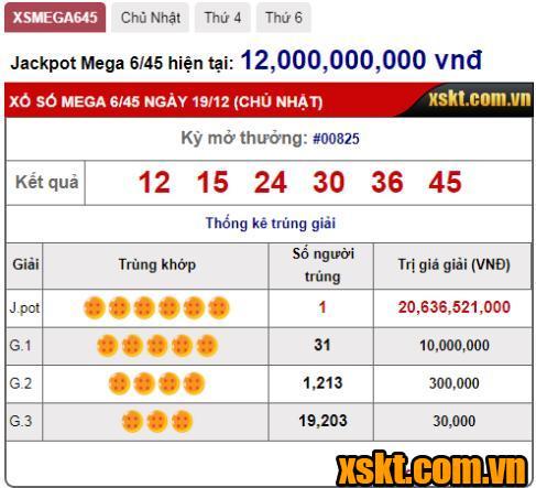 Kết quả XS Mega 6/45 kỳ quay 825 ngày 19/12/2021