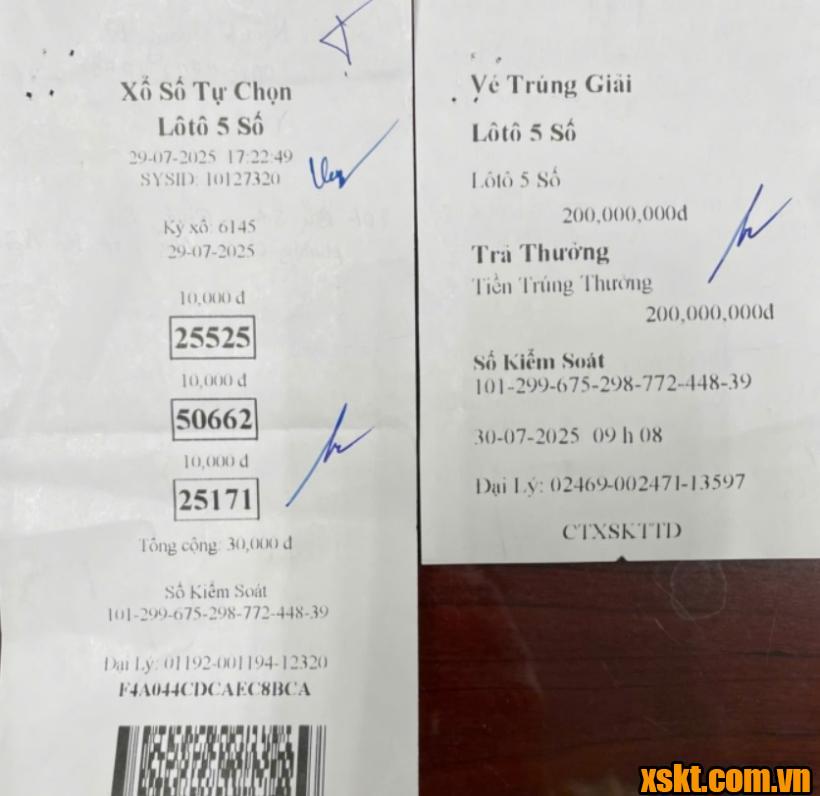 Vé trúng thưởng 200 triệu đồng xổ số điện toán Lô tô 5 số ngày 29/7/2025