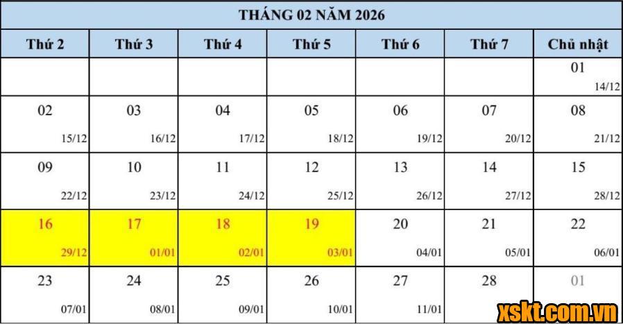 Lịch dự kiến nghỉ Tết Nguyên đán Bình Ngọ 2026 của XSMB