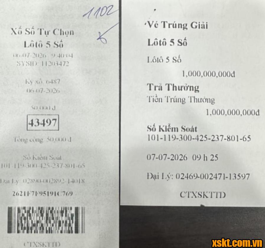 Tấm vé trúng thưởng Lotto 5 số ngày 6/7 trị giá 1 tỷ đồng