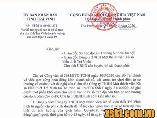 Công văn của UBND tỉnh Trà Vinh hỗ trợ người bán vé số tạm nghỉ 15 ngày do dịch Covid-19