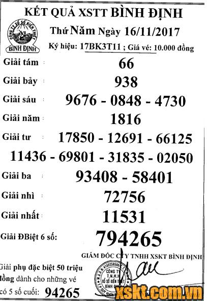 XSBDI ngày 16/11/2017