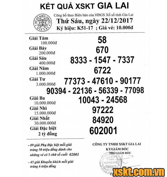 XSGL ngày 22/12/2017