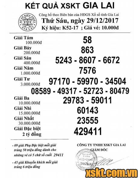 XSGL ngày 29/12/2017