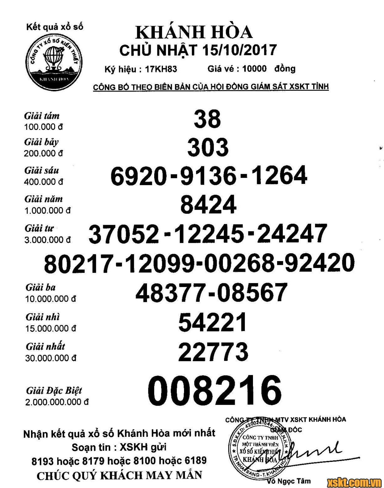 XSKH ngày 15/10/2017