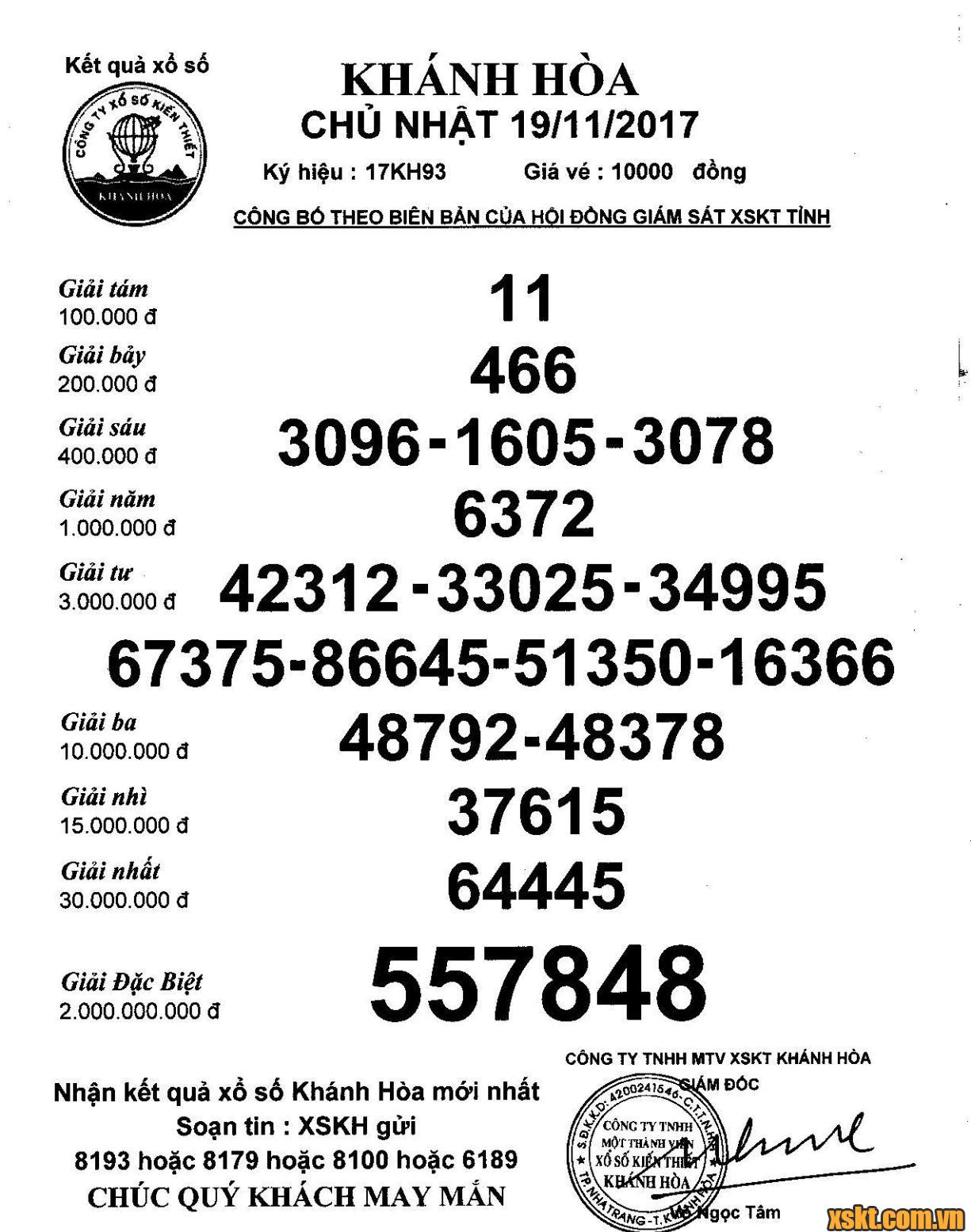 XSKH ngày 19/11/2017