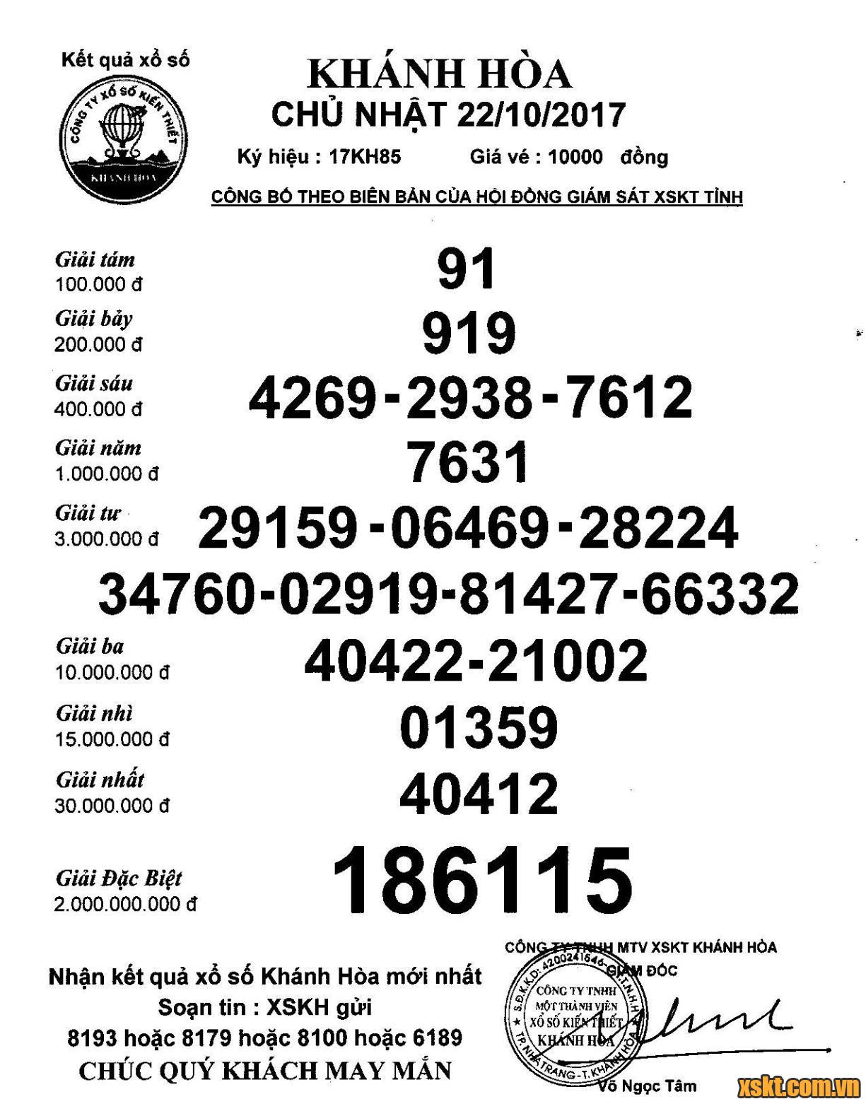 XSKH ngày 22/10/2017