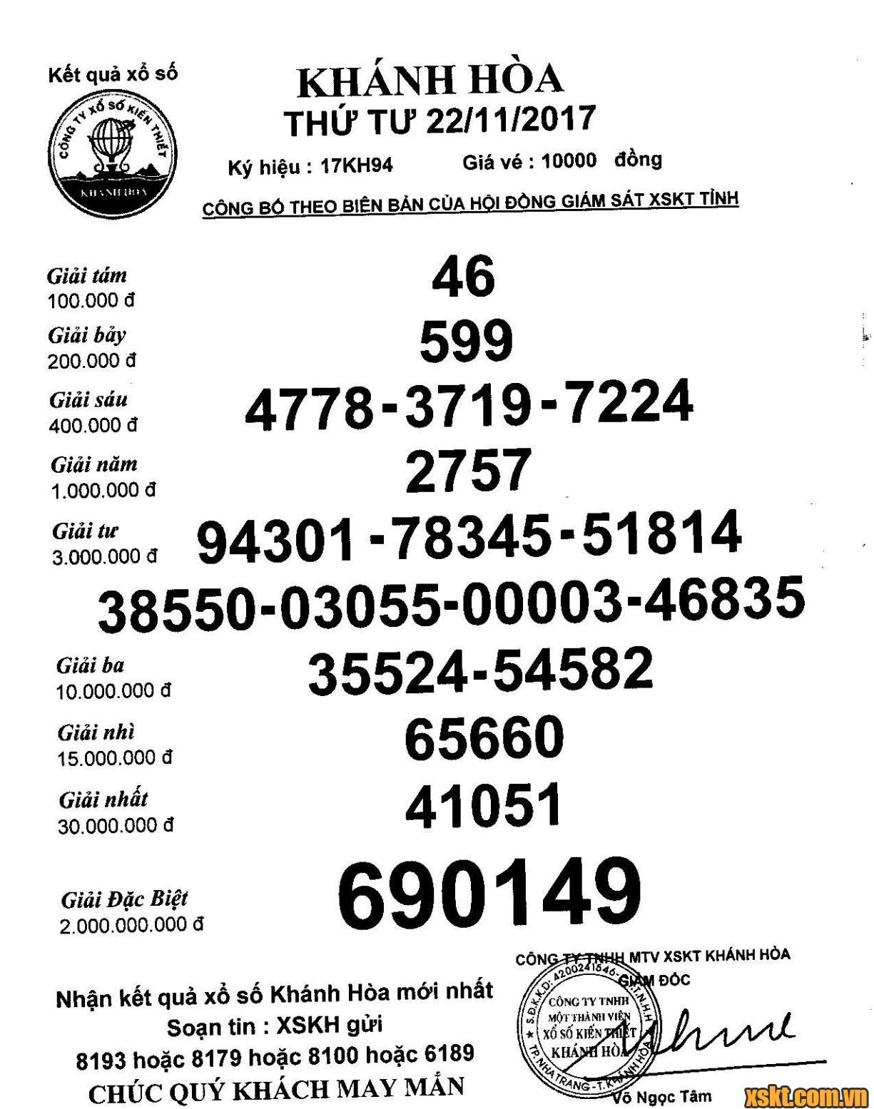 XSKH ngày 22/11/2017