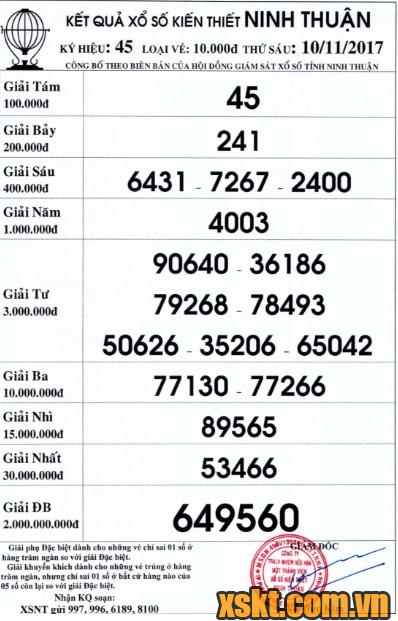 XSNT ngày 10/11/2017
