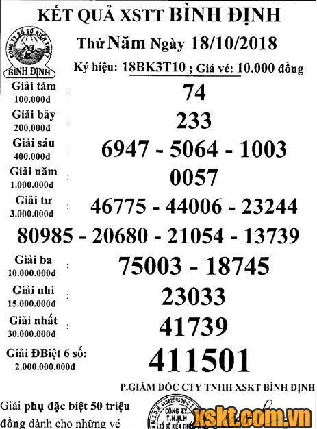 XSBDI ngày 18/10/2018