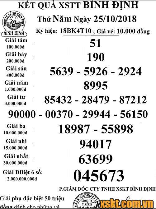 XSBDI ngày 25/10/2018