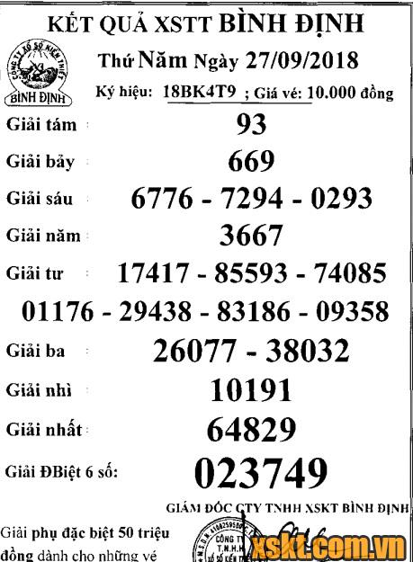 XSBDI ngày 27/9/2018