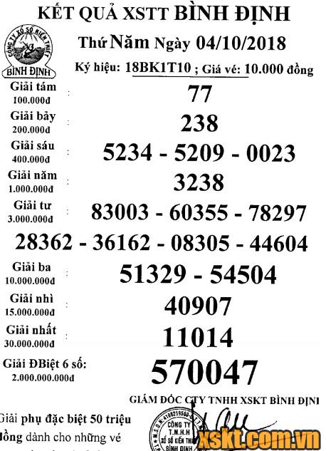 XSBDI ngày 4/10/2018
