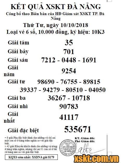 XSDNG ngày 10/10/2018