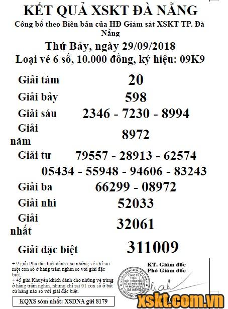 XSDNG ngày 29/9/2018