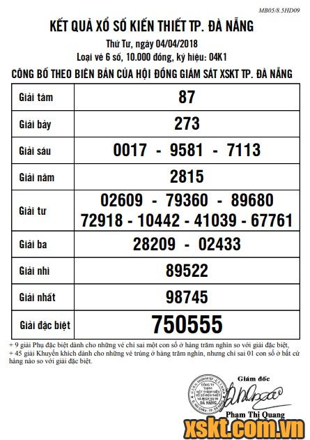 XSDNG ngày 4/4/2018