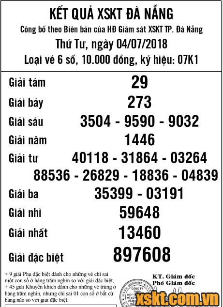 XSDNG ngày 4/7/2018