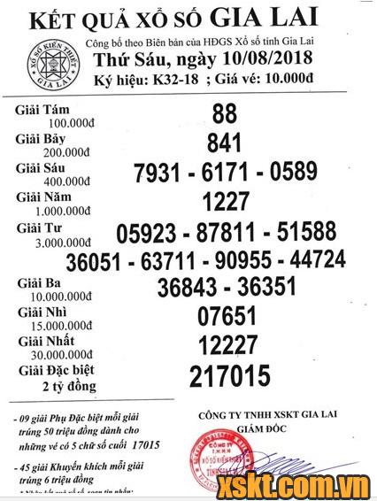 XSGL ngày 10/8/2018