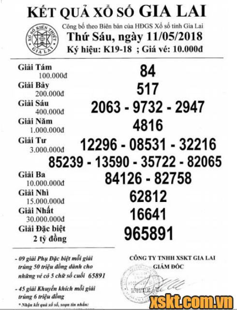 XSGL ngày 11/5/2018