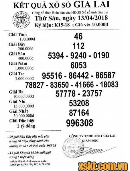 XSGL ngày 13/4/2018