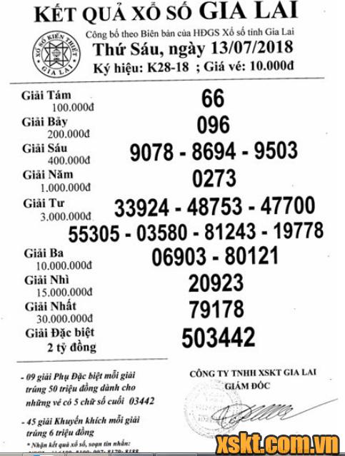 XSGL ngày 13/7/2018