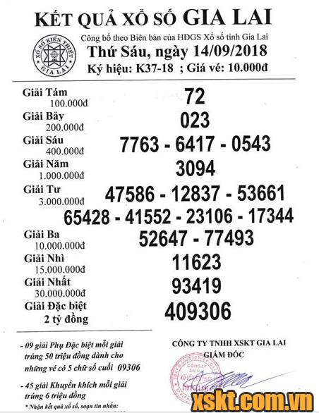 XSGL ngày 14/9/2018