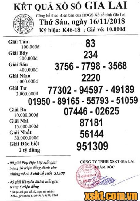 XSGL ngày 16/11/2018