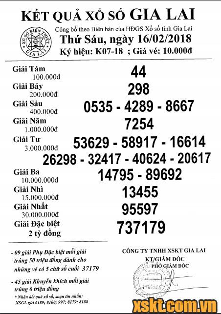XSGL ngày 16/2/2018