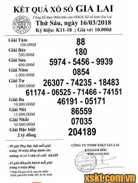 XSGL ngày 16/3/2018