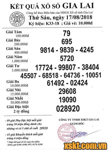 XSGL ngày 17/8/2018