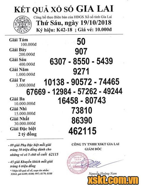 XSGL ngày 19/10/2018