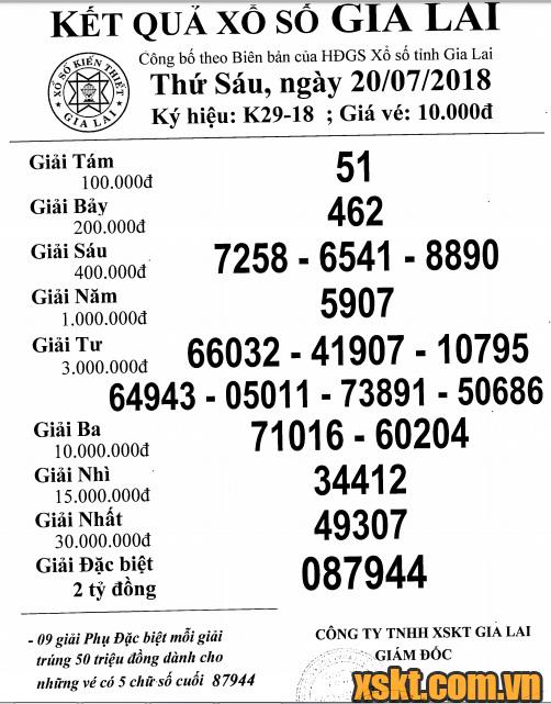 XSGL ngày 20/7/2018
