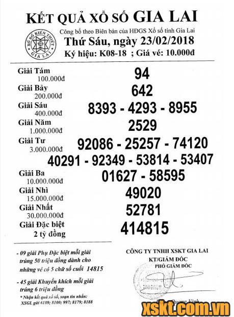 XSGL ngày 23/2/2018