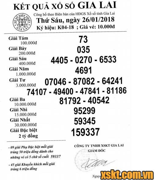 XSGL ngày 26/1/2018